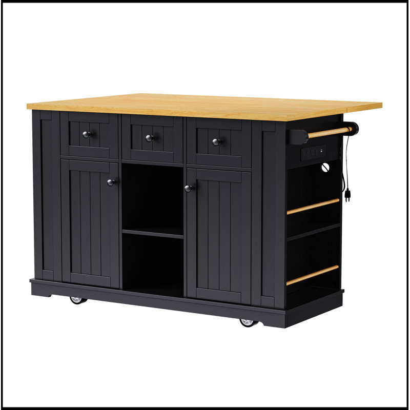 53-Inch Large Kitchen Island with Drop Leaf, Power Outlet, and Ample Storage, Perfect for Efficient Kitchen Organization and Mobility