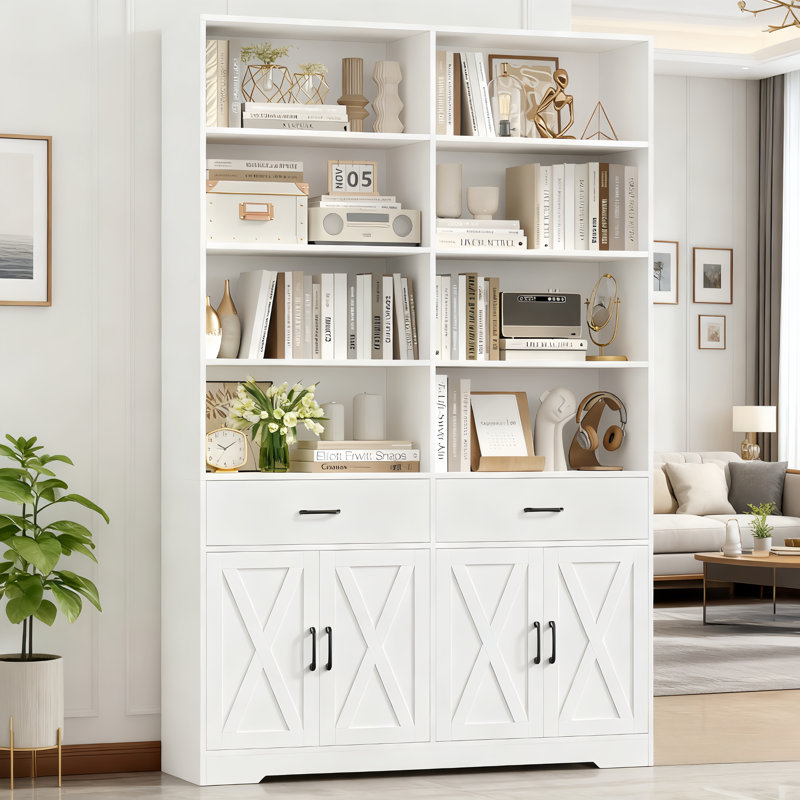 78.7" Tall Bookcase with 2 Drawers, X-Doors, White