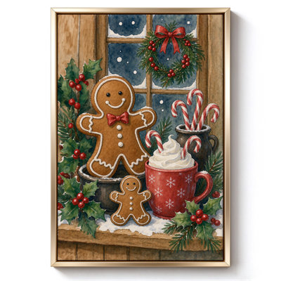 Biscuits de Noël en pain d'épices et chocolat chaud, tableau sur toile encadré, cadre beige, 50 x 75 cm
