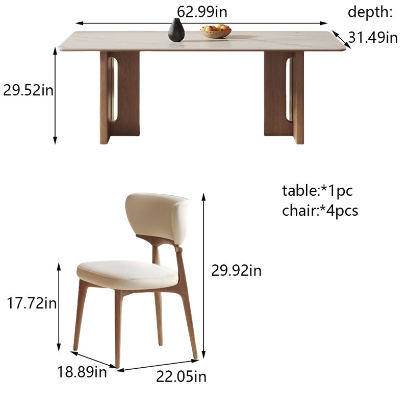 Rock plate solid wood dining table and chair set, H 29,52 po x L 62,99 po x l 31,49 po