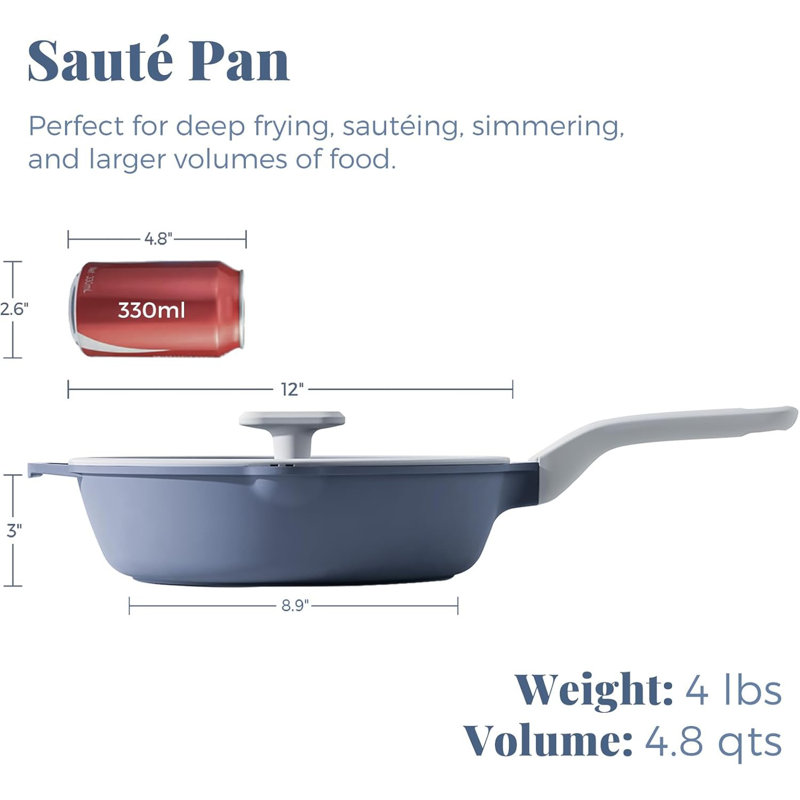 Ceramic Nonstick Deep Saute Pan with Lid, 10/12 Inch Non Toxic Pans with Double Pour Spout