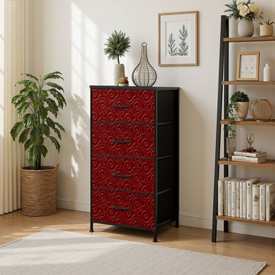 4 Drawer Vertical Storage Dresser dark red colors seamless patterned chinese motif geometrical designs with Wood Top Fabric Pull Drawers