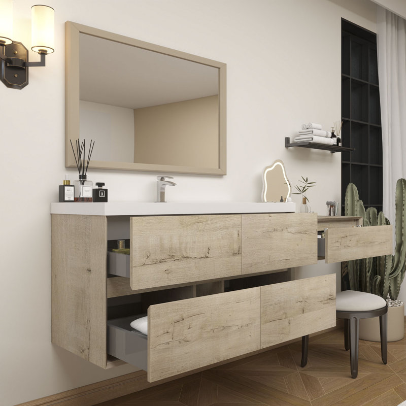 Meuble-lavabo mural 72 po avec évier en acrylique renforcé Aliki, Chêne clair