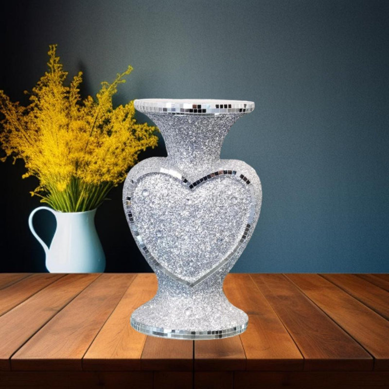 Heart Shape Crushed Diamond Glitter Silver Sparkle Flower Vase, 30cm H x 15cm W x 30cm D