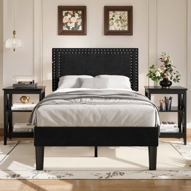 Lit simple tapissier avec 2 tables de chevet - Ensemble de chambre à coucher moderne, Noir, Lit simple