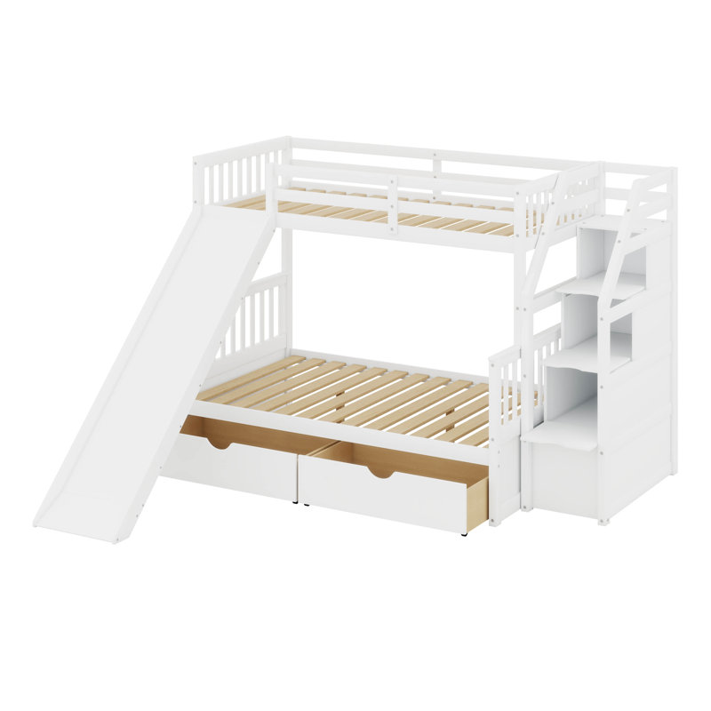Twin Over Full Wood Bunk Bed With Slide,Stairs,And Storage Drawers, White