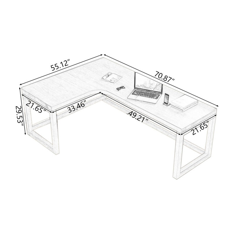 Bureaux en bois massif en L 55,12 po, H 29,53 po x l 70,87 po x P 21,65 po, Retour à gauche