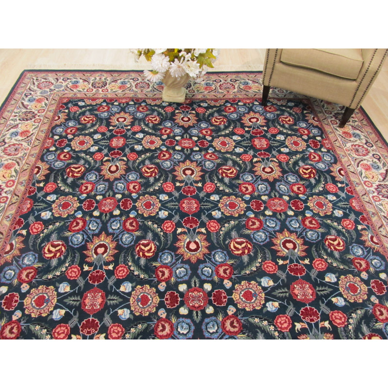 Tapis oriental traditionnel multicolore en laine noué à la main ivoire, rose, rouge et bleu Jasmine