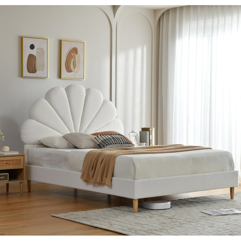 Shell Upholstered Bed with High Headboard, Queen, Cream