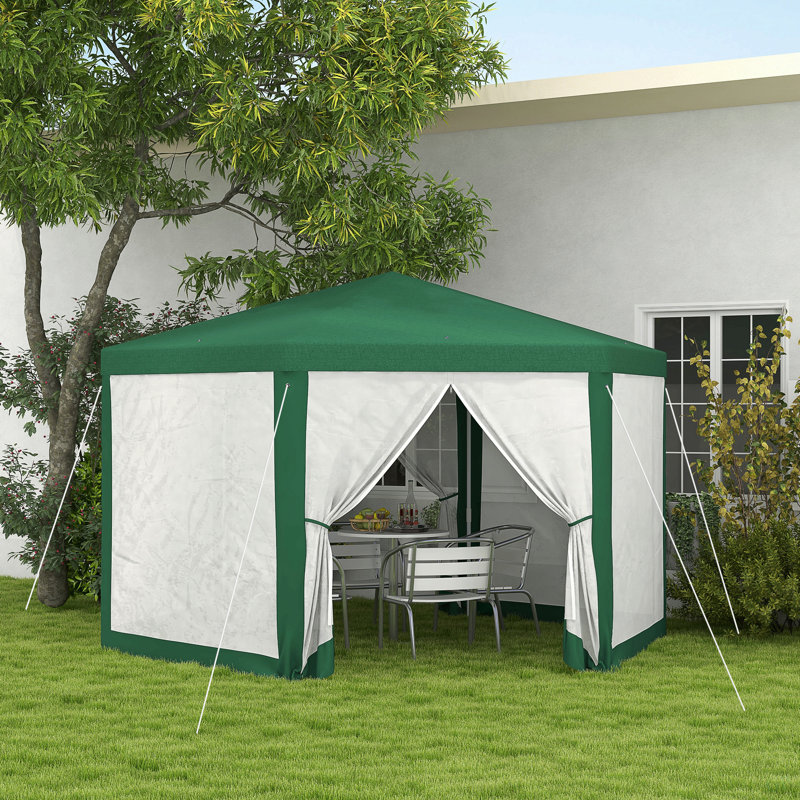 Outsunny 13' X 11' Outdoor Party Tent, Hexagon Sun Shade Shelter Canopy With Protective Mesh Screen Sidewalls, Ropes & Stakes, Green