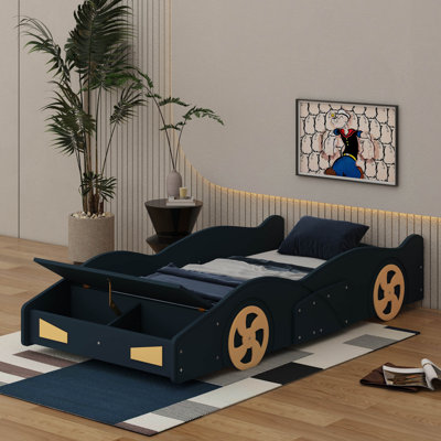 Solid Wood Platform Bed Shaped Like A Race Car With Storage And Wheels