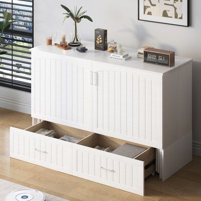 Lit escamotable Queen en bois massif avec tiroir de rangement