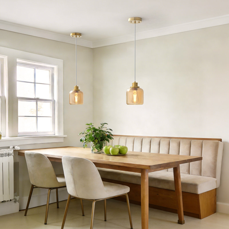 1 - Light Single Pendant Light  With Amber Glass Shade