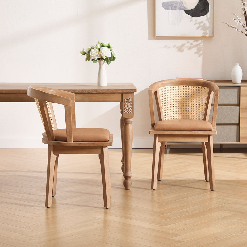 Chaise rustique avec dossier en osier et siège large pour salle à manger et salon, Similicuir brun, Brun