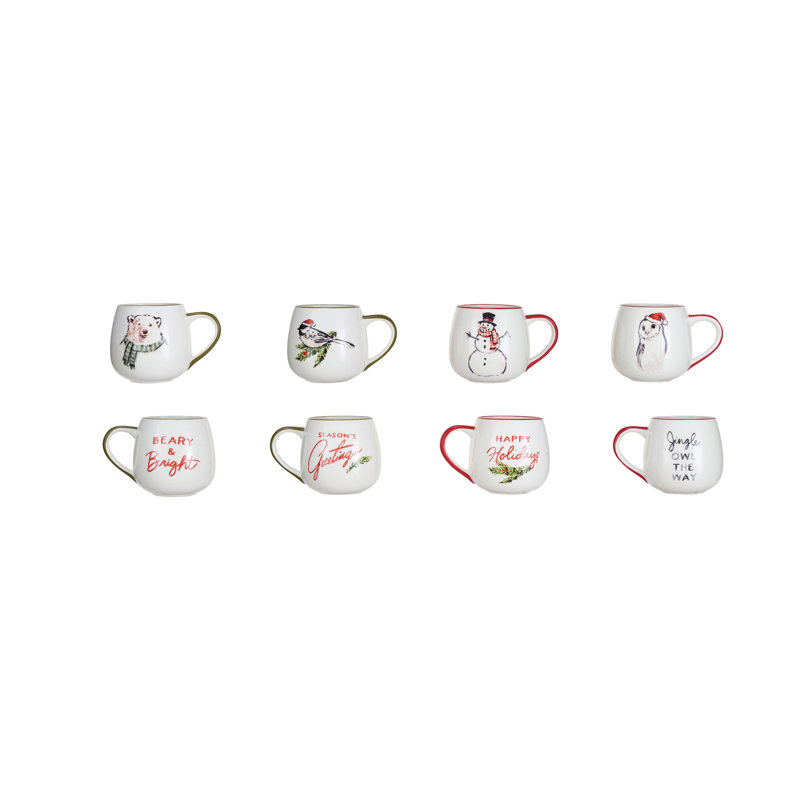 Stoneware Mugs With Holiday Saying And Animal Prints