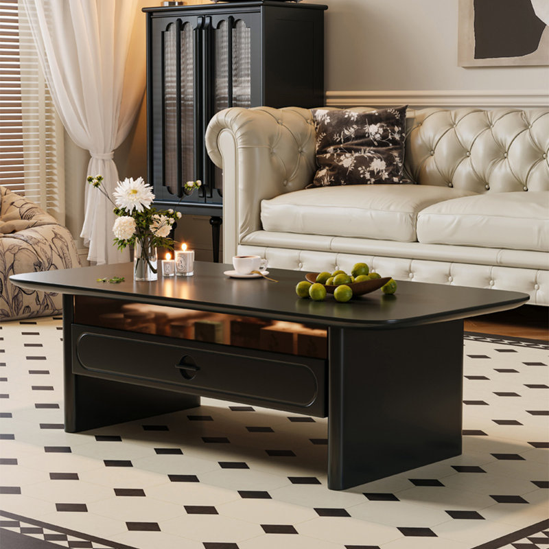 Retro rectangular solid wood coffee table, Black