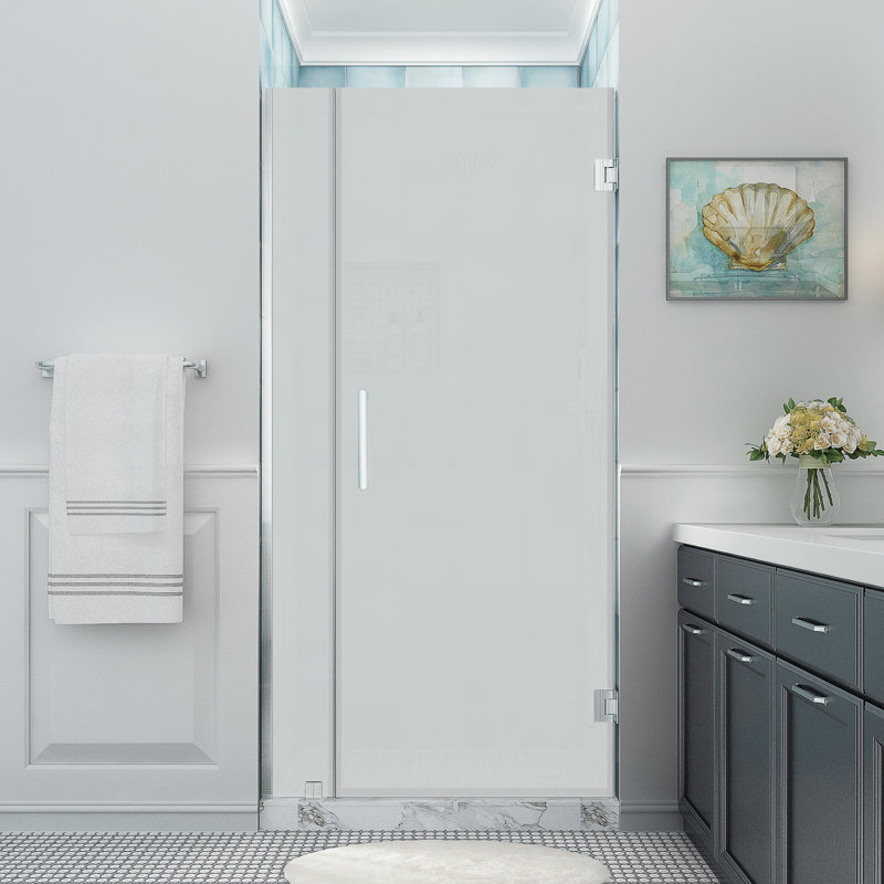 Belmore XL 29.25 - 30.25 in. x 80 in. Frameless Hinged Shower Door with Ultra-Bright  Glass, Stainless Steel, Frosted Glass
