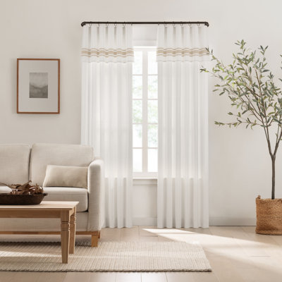 Mercantile Drop Cloth Stripe Curtain Panel, Light Filtering Ring and Tab Top with Attached Valance, 84 in Long x 50 in Wide, Farmhouse Single Window Panel, Bedroom, Living Room and Dining Room, Linen Stripe