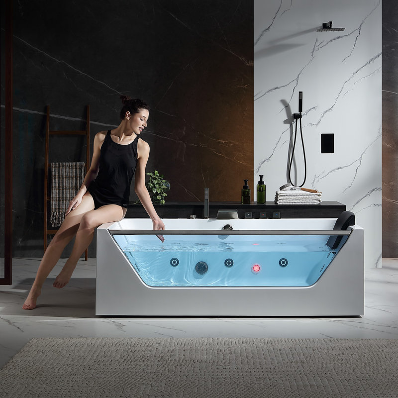 71 In. Whirlpool Bathtub Rectangular Jetted Spa Bath Tub With Center Drain - Brushed Nickel Tub Filler In White