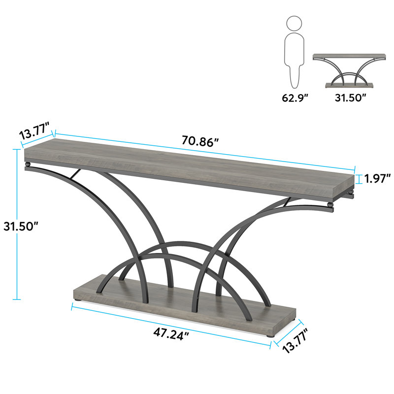 Mona 70.86'' Extra Long Console Accent Table for Entryway with Half-Moon Metal Frame, Gray/Black