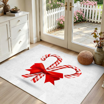 Red Machine Washable,Christmas Candy Cane with Bow White Indoor Area Rug