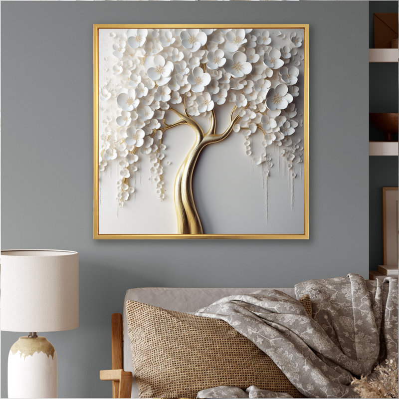 Orchidée blanche jardin de branches VII - impression florale murale grand arbre (sans texture), H 36 po x l 36 po, Doré
