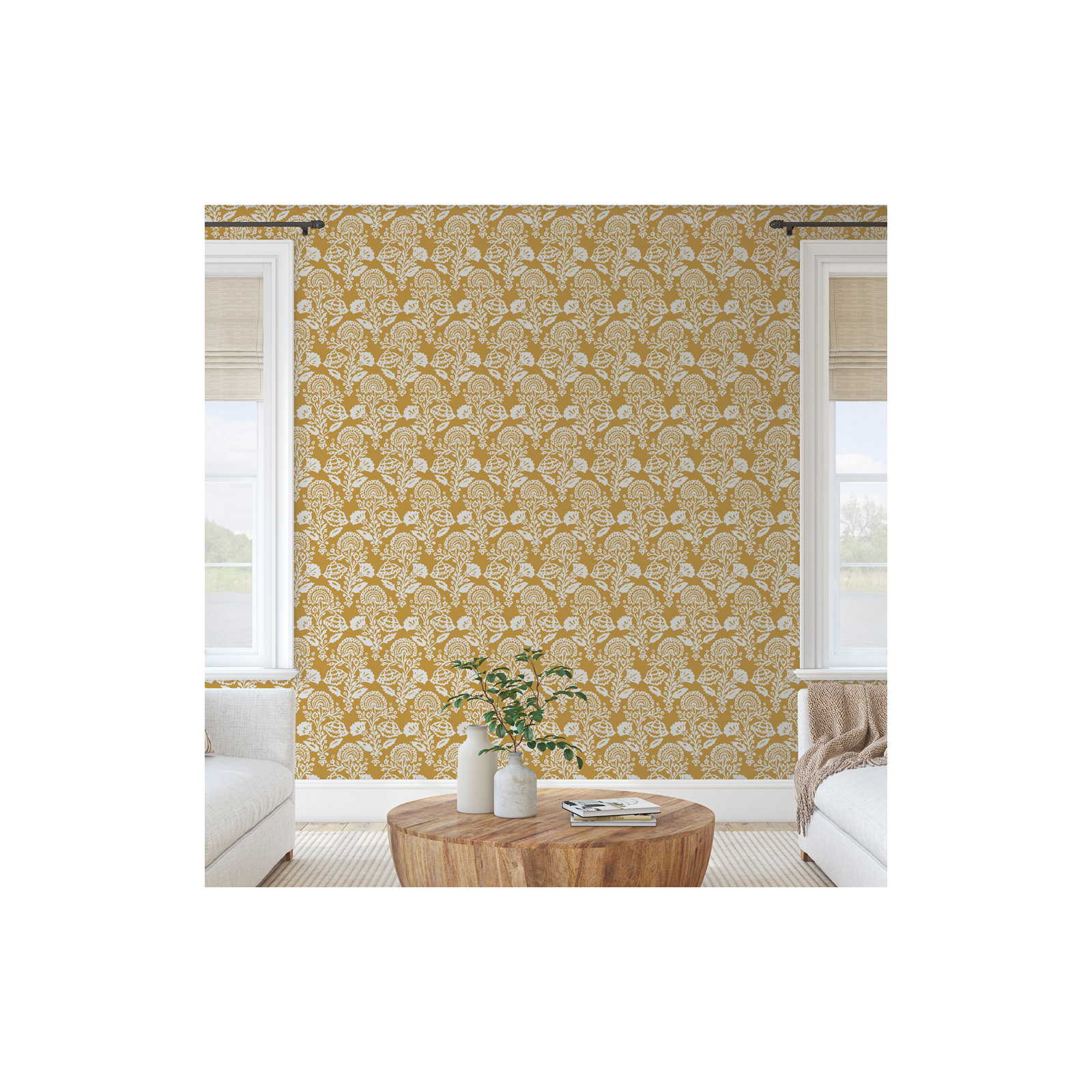 Floral Damask Peel and Stick Wallpaper, Yellow