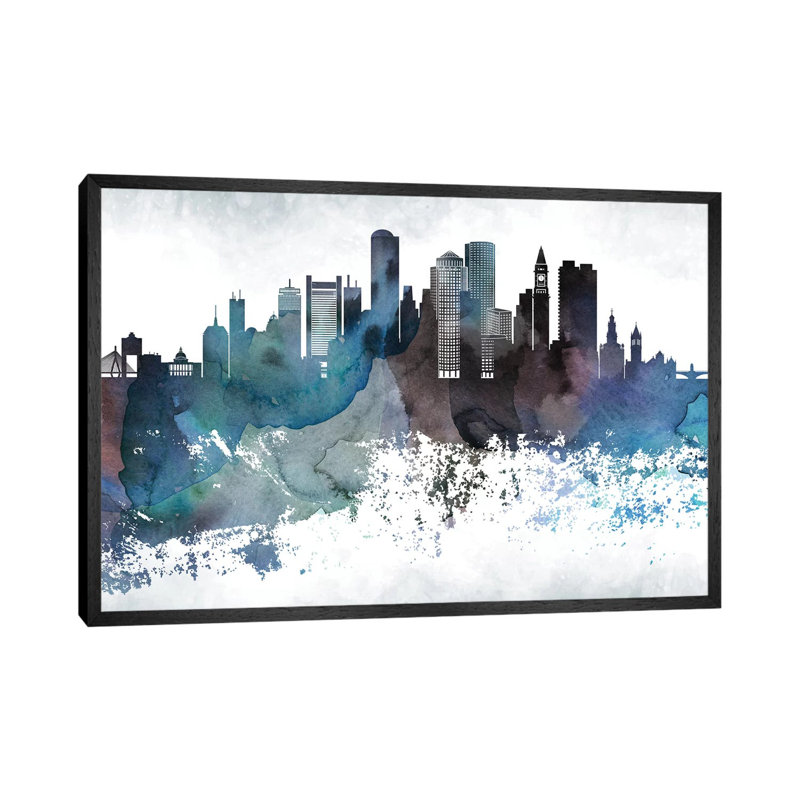 Boston Bluishl Skylines - Print on Canvas, 66.04 cm H x 45.72 cm W, Black Framed