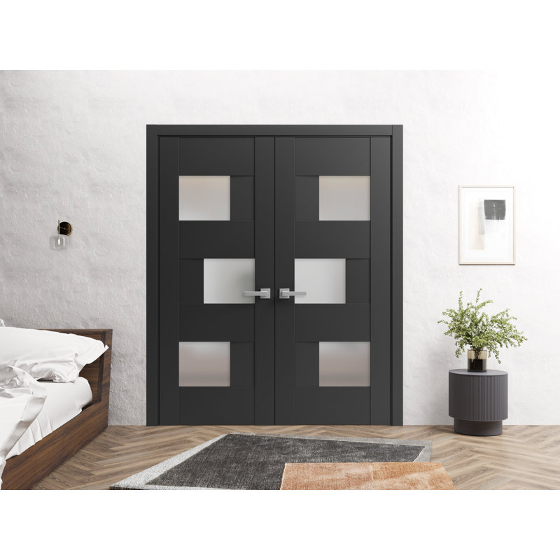 Portes françaises doubles solides | Sete 6933 avec verre givré | Garnitures en bois massif, Noir mat, 64 po x 96 po