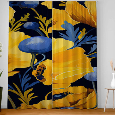 Yellow and Blue Blackout Window Curtain Pair for Home Decor
