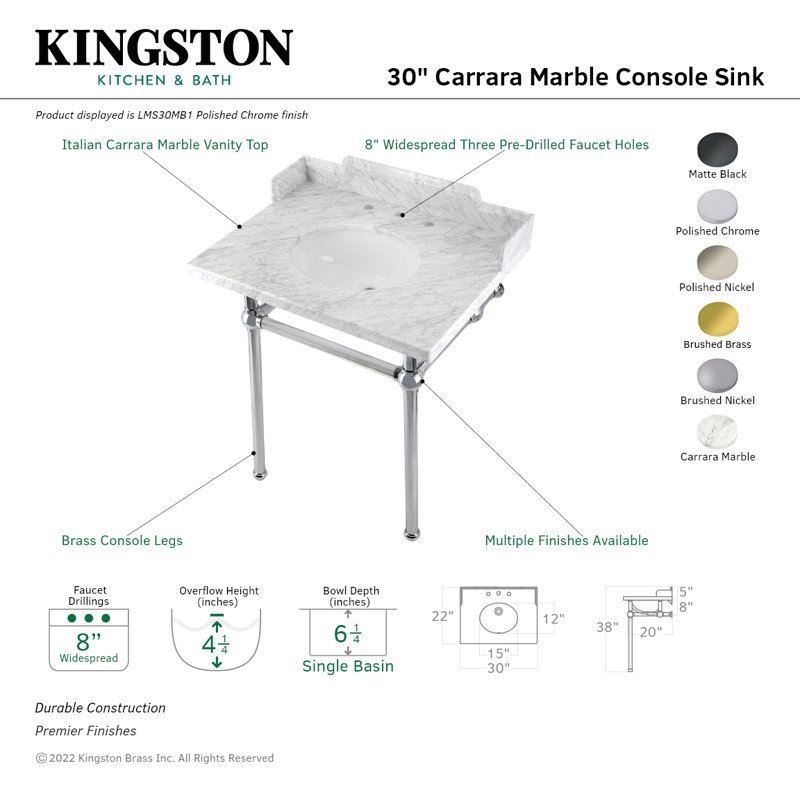 Kingston Brass Pemberton 30-Inch Carrara Marble Console Sink with Brass Legs (8-Inch, 3-Hole), Marble White/Brushed Brass