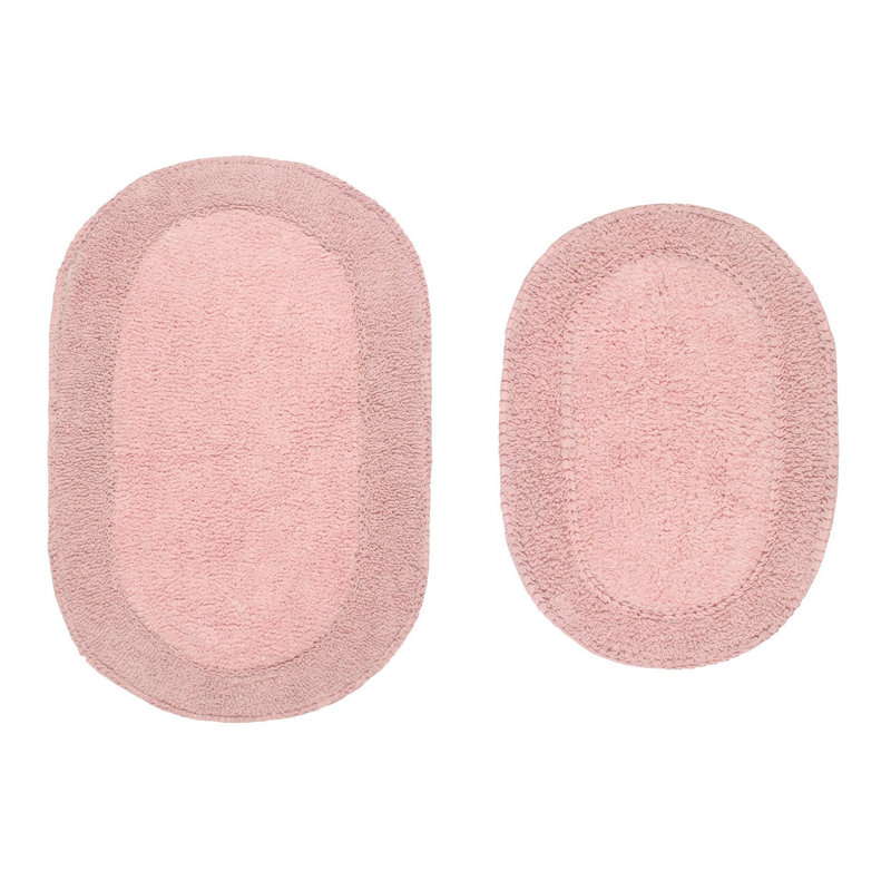Yandel Double Ruffle Oval 100% Cotton Piece Bath Rug Set, Pink