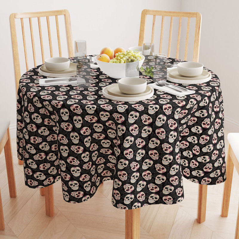 Geometric Round Halloween Tablecloth, 70" L x 70" W, Dia De Los Muertes Skulls