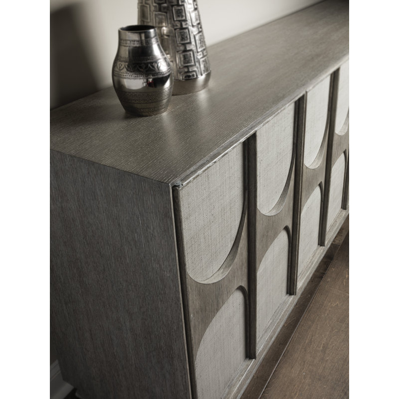 Mid-Century Modern Grey Oak Long Media Console with Raffia Accents