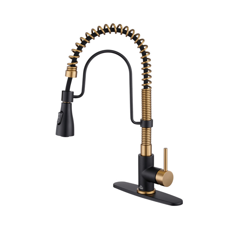 Robinet de cuisine à bec rétractable à ressort 1,8 GPM avec plaque de pont Bolden, Noir mat / or brossé