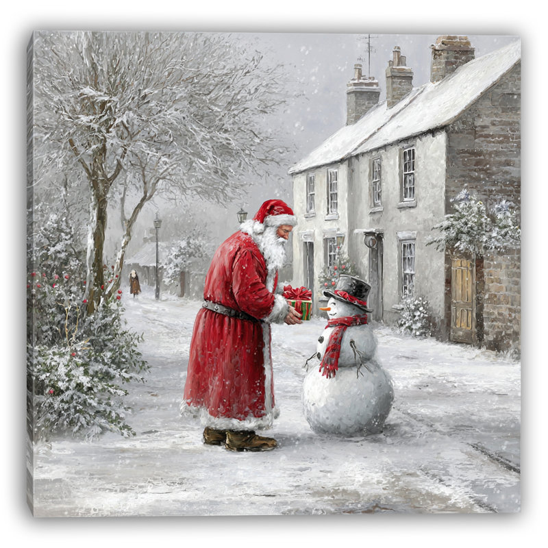 «Santa Giving Présent to Snowman», art mural sur toile