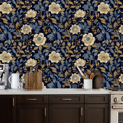 Peel and Stick Wallpaper Floral Beige Gold Flowers Deep Blue Contact Paper Removable Self Adhesive Wall Mural Wall Decor for Bedroom Kitchen Cabinets 17.7in x 118in