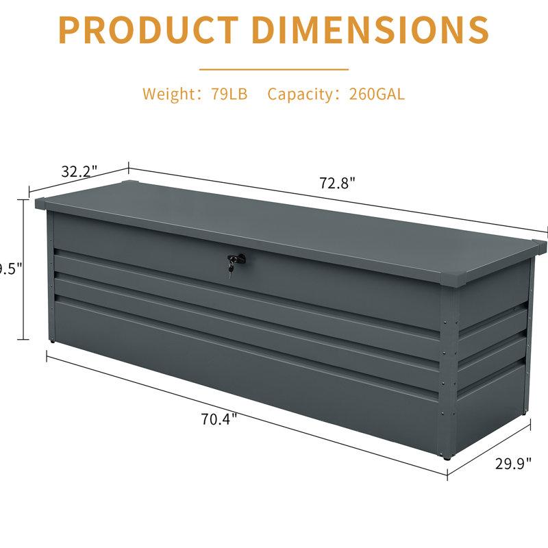 Coffre de terrasse en métal 260 gallons - imperméable et verrouillable. Très grand rangement pour patio, jardin, piscine. Gris foncé La météo change. Mécanisme de fermeture par l'utilisateur. Conception de table polyvalente. Assemblage rapide pour