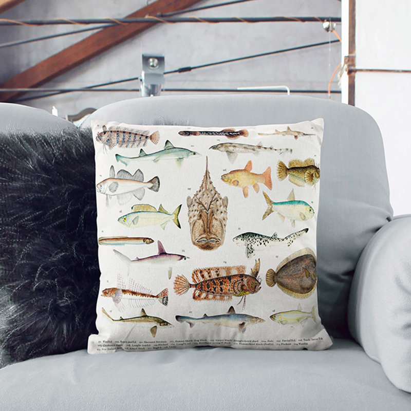 Illustrations of Southern Pacific Fishes by F.E. Clarke Cushion with Filling, 55cm H x 55cm W x 20cm D, Stone