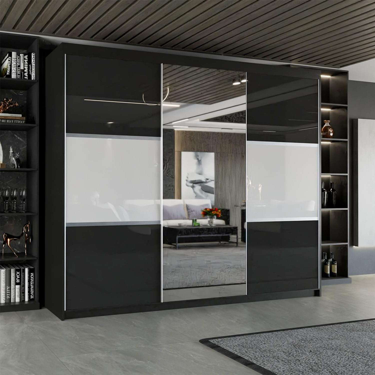 Ivy Bronx High Gloss Double Triple Sliding Mirror Door Wardrobe Comes in White Black Colors with 4 Sizes Wayfair