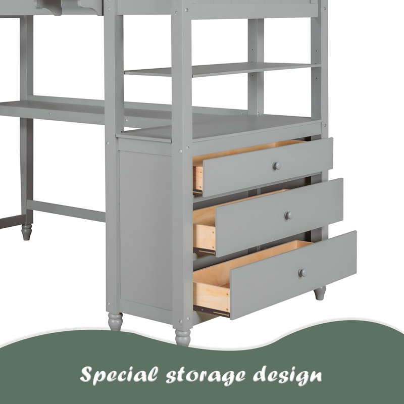 Lit mezzanine simple avec tiroirs et bureau, Gris