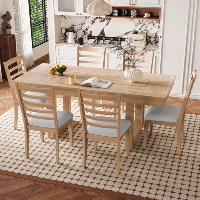 7PCS Farmhouse Dining Table Set, Extendable Table With 18" Move Leaf & 6 Upholstered Chairs