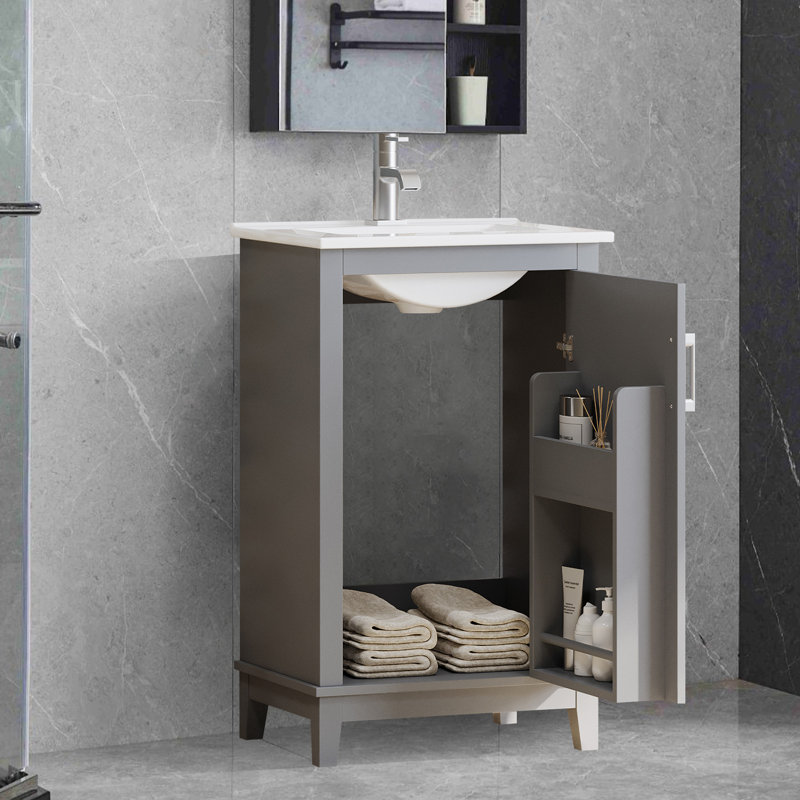 Petit meuble-lavabo moderne avec lavabo en céramique et beaucoup de rangement, Gris