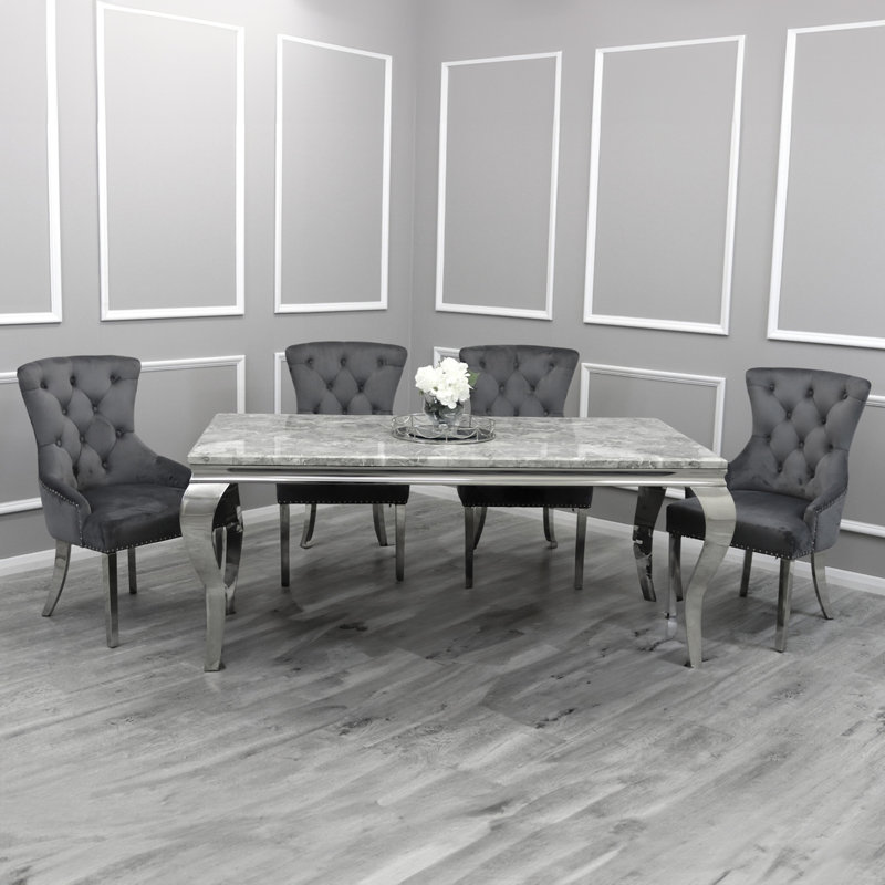 Louis 180cm L x 90cm W Light Grey Marble Top Chrome Leg Rectangular Dining Table