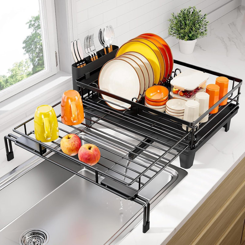 Expandable Sink Dish Drying Rack for Kitchen Counter, 1-Tier Black Large Dish Racks, Sink Dish Drainer, Rustproof Dish Strainer with Utensil Holder