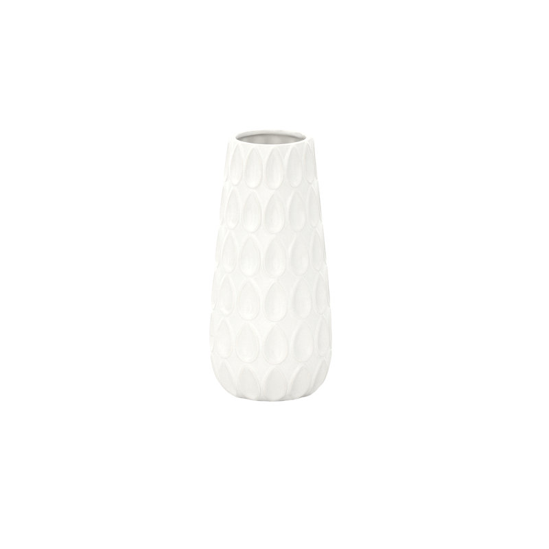 Ceramic Round Vase with Embossed Water Drops Pattern and Flared Bottom Design Body SM Matte Finish White..10.00"H