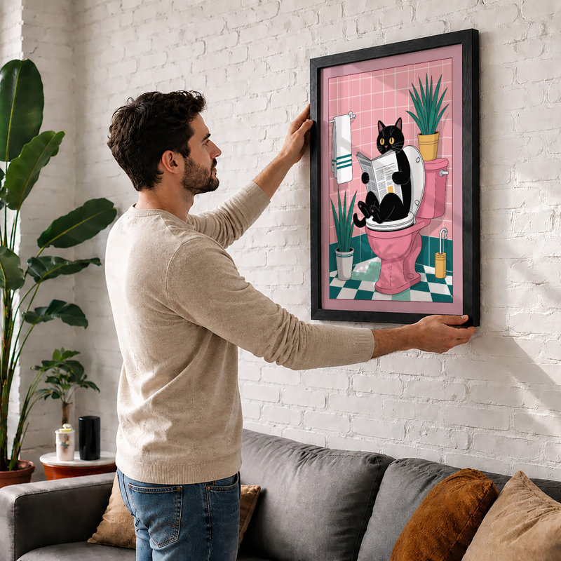 Cat on Throne Modern - Framed Print, A3 - 42.0 x 29.7 cm, Oak