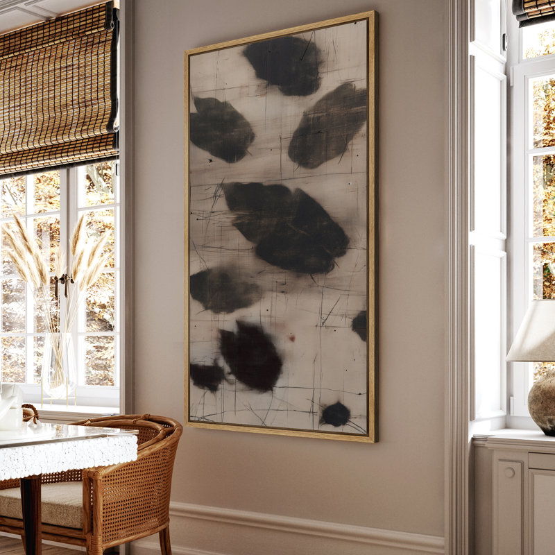 Encre à taches organiques sur fond quadrillé doux - grande impression sur toile encadrée pour chambre principale, Naturel