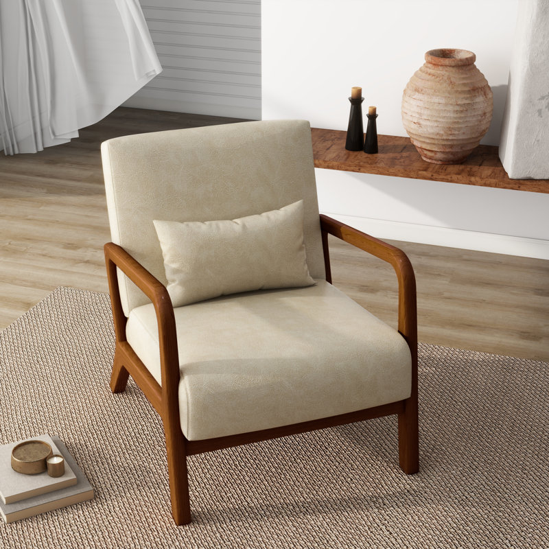 Jyrin 64.5Cm Wide Armchair, Dark Brown Wood, Chanton Cream White Faux Leather