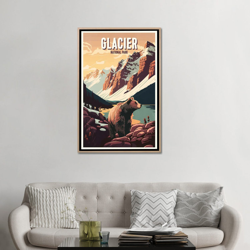 Parc national de Glacier, H 48 po x l 32 po x P 1,5 po, Toile avec cadre flottant en bois naturel, Pas de tapis